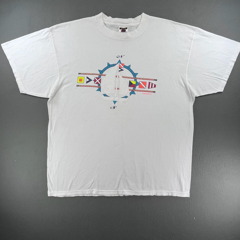 Red Willow Men T-Shirt Cotton White XXL Vintage 90s Nautical Sailboat Compass